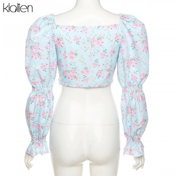 Elegant French Romantic Floral Puff Sleeve Square Collar Women Blue White